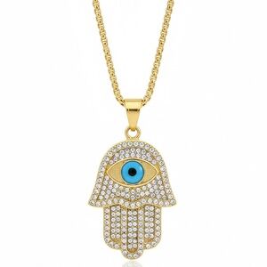 Hamsa Pendant Necklace (Gold-Plated Stainless Steel, 24” Chain Included)